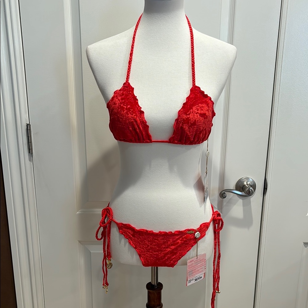 Red Lace Halter Bikini Set by Luli Fama
